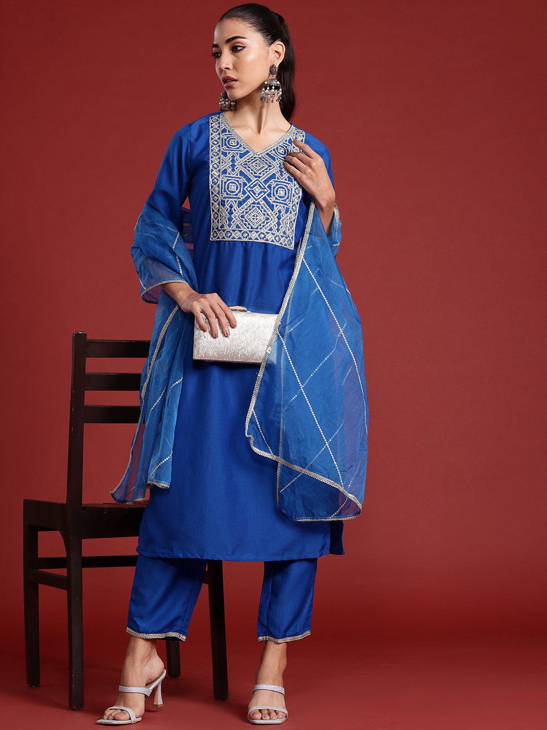 

Indo Era Yoke Design Zardozi Kurta With Trousers & Dupatta, Blue