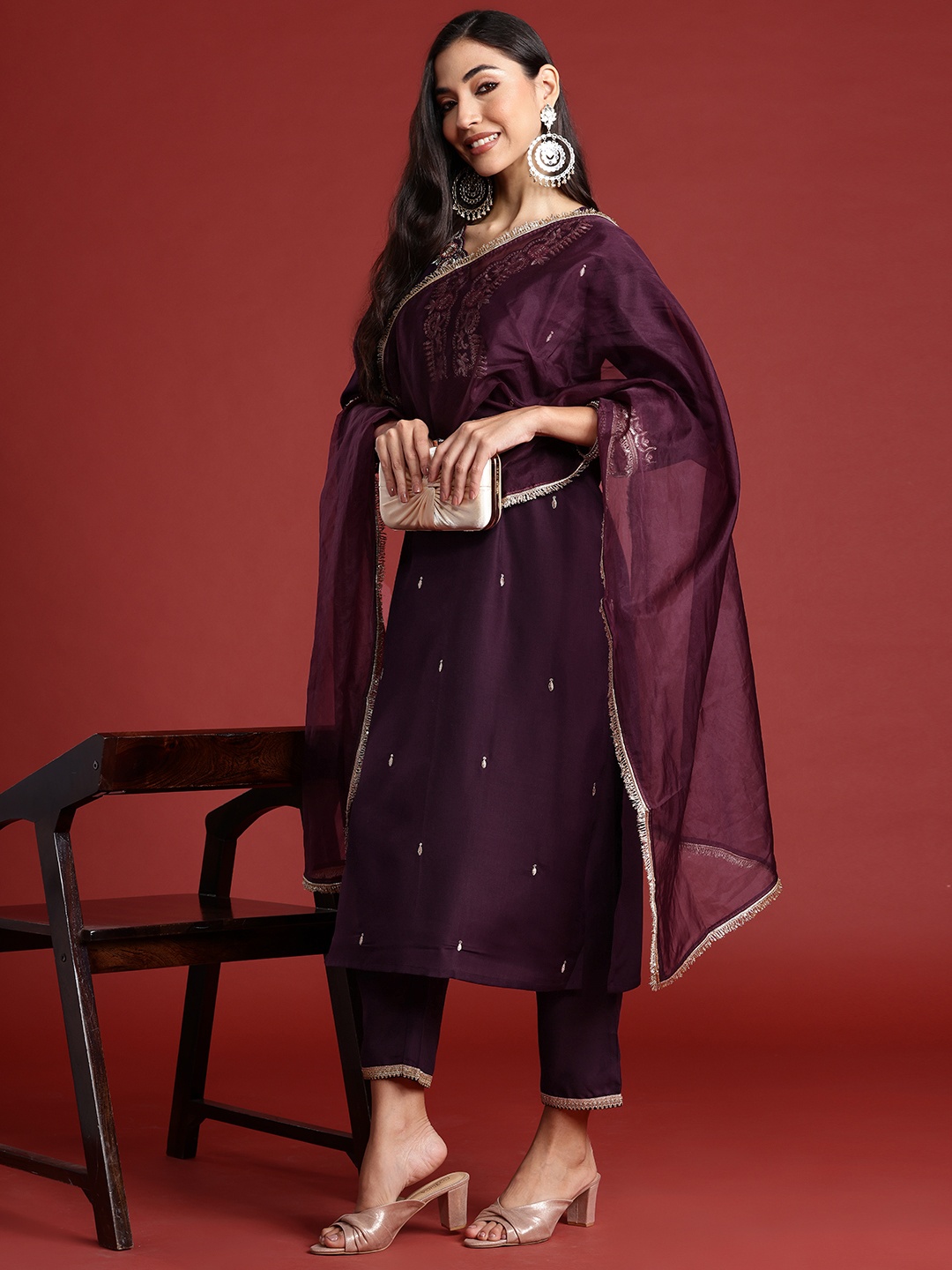 

Indo Era Women Ethnic Motifs Embroidered Sequinned Kurta With Trousers & Dupatta, Burgundy