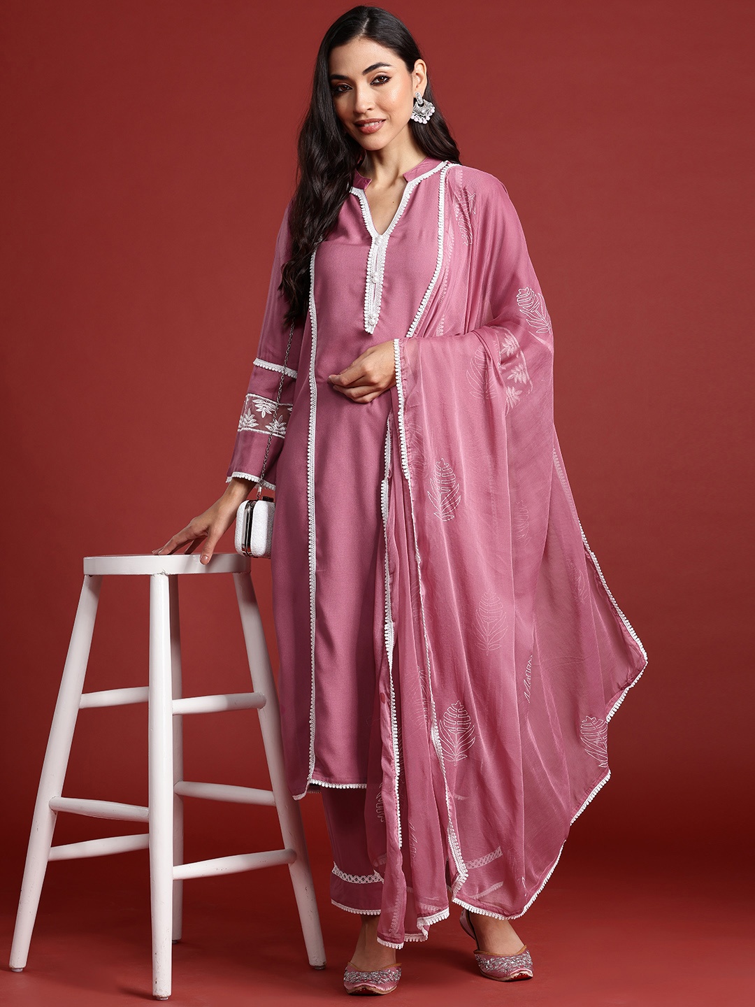 

Indo Era Women Panelled Beads & Stones Kurta With Trousers & Dupatta, Mauve