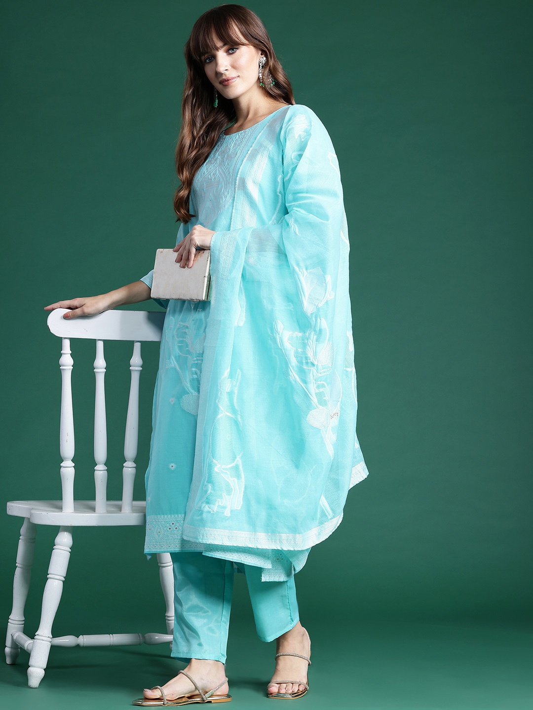 

Indo Era Woven Design Kurta With Trousers & Dupatta, Blue