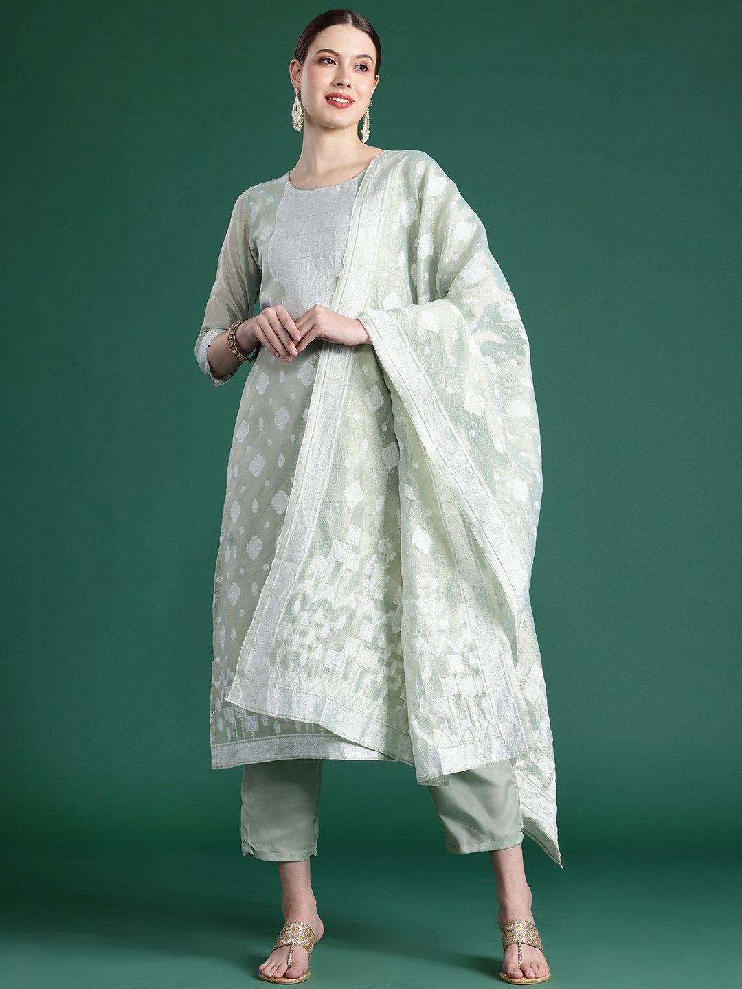 

Indo Era Woven Design Kurta With Trousers & Dupatta, Sea green