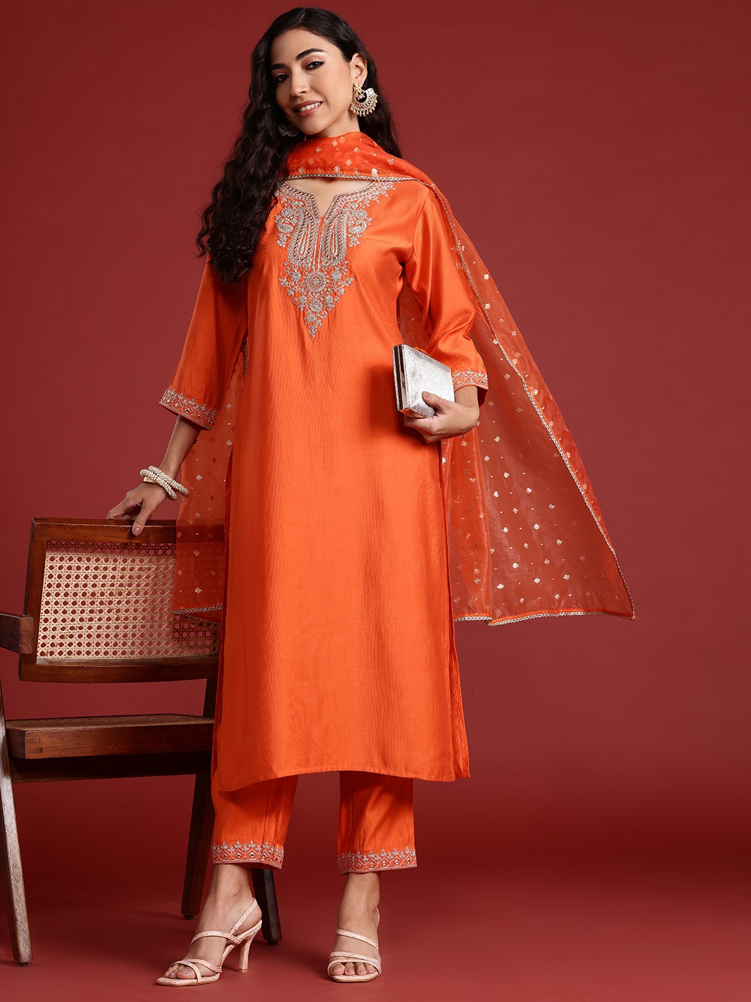 

Indo Era Paisley Yoke Design Zari Liva Kurta With Trousers & Dupatta, Orange