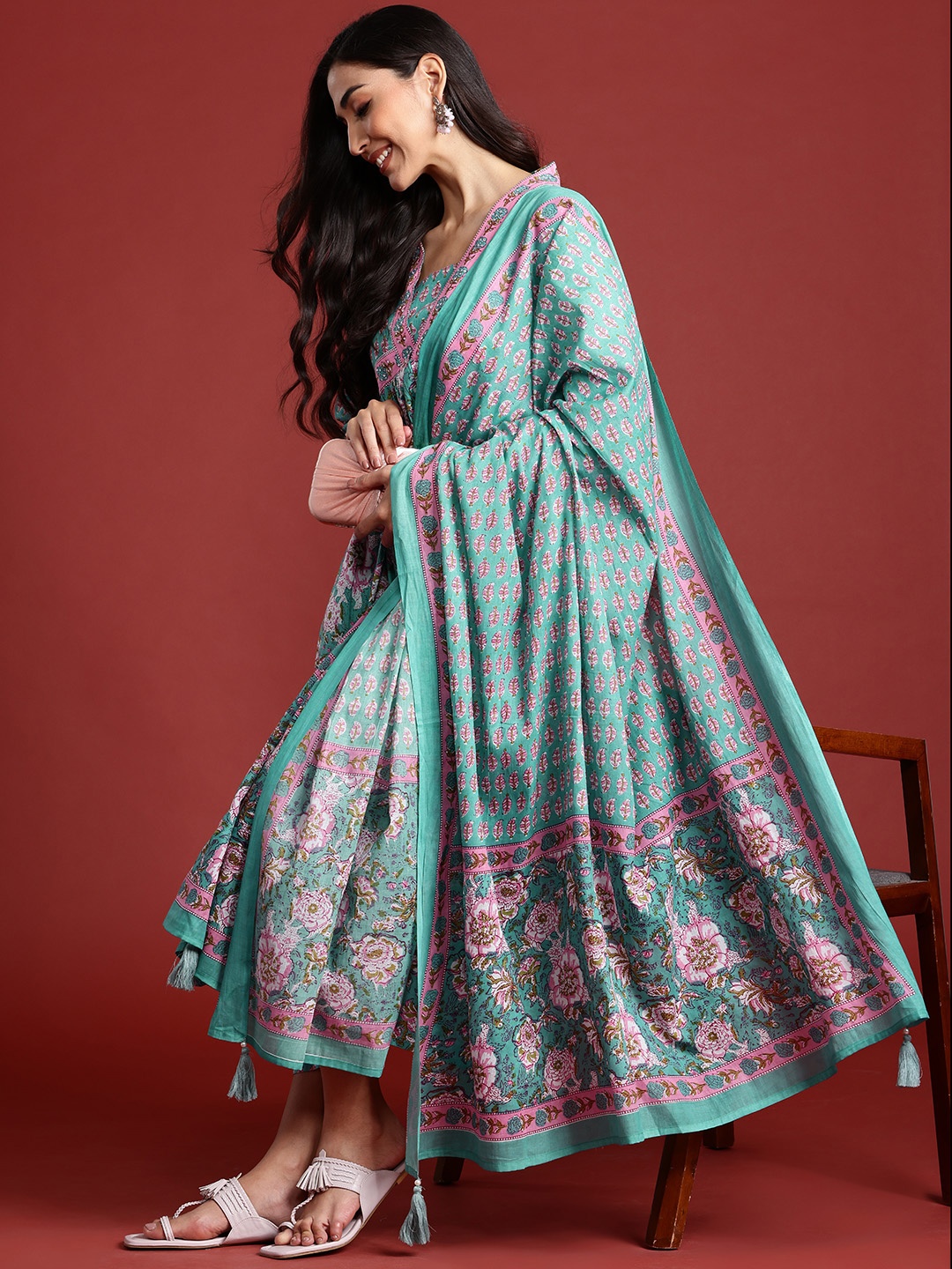 

Indo Era Women Floral Printed Empire Sequinned Pure Cotton Kurta With Trousers & Dupatta, Teal