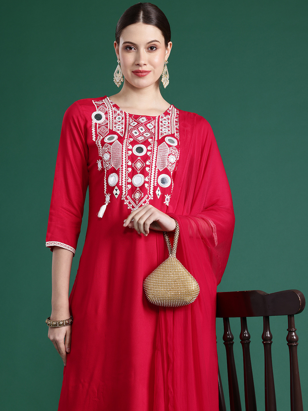 

Indo Era Embroidered Mirror Work Kurta With Trousers & Dupatta, Red