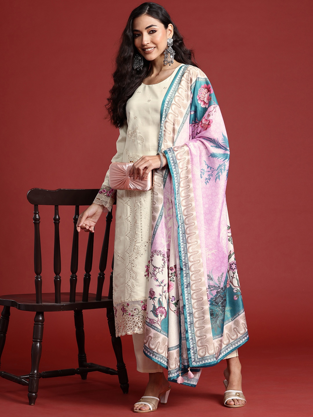 

Indo Era Floral Embroidered Panelled Thread Work Chanderi Silk Kurta Set, Off white
