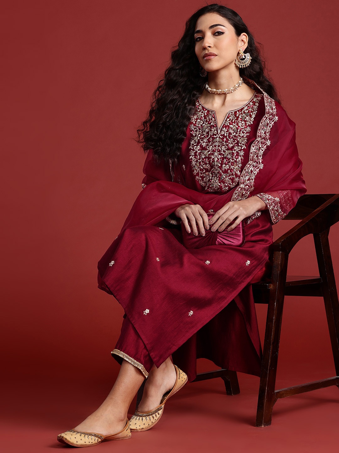 

Indo Era Floral Embroidered Sequinned Liva Kurta With Trousers & Dupatta, Maroon