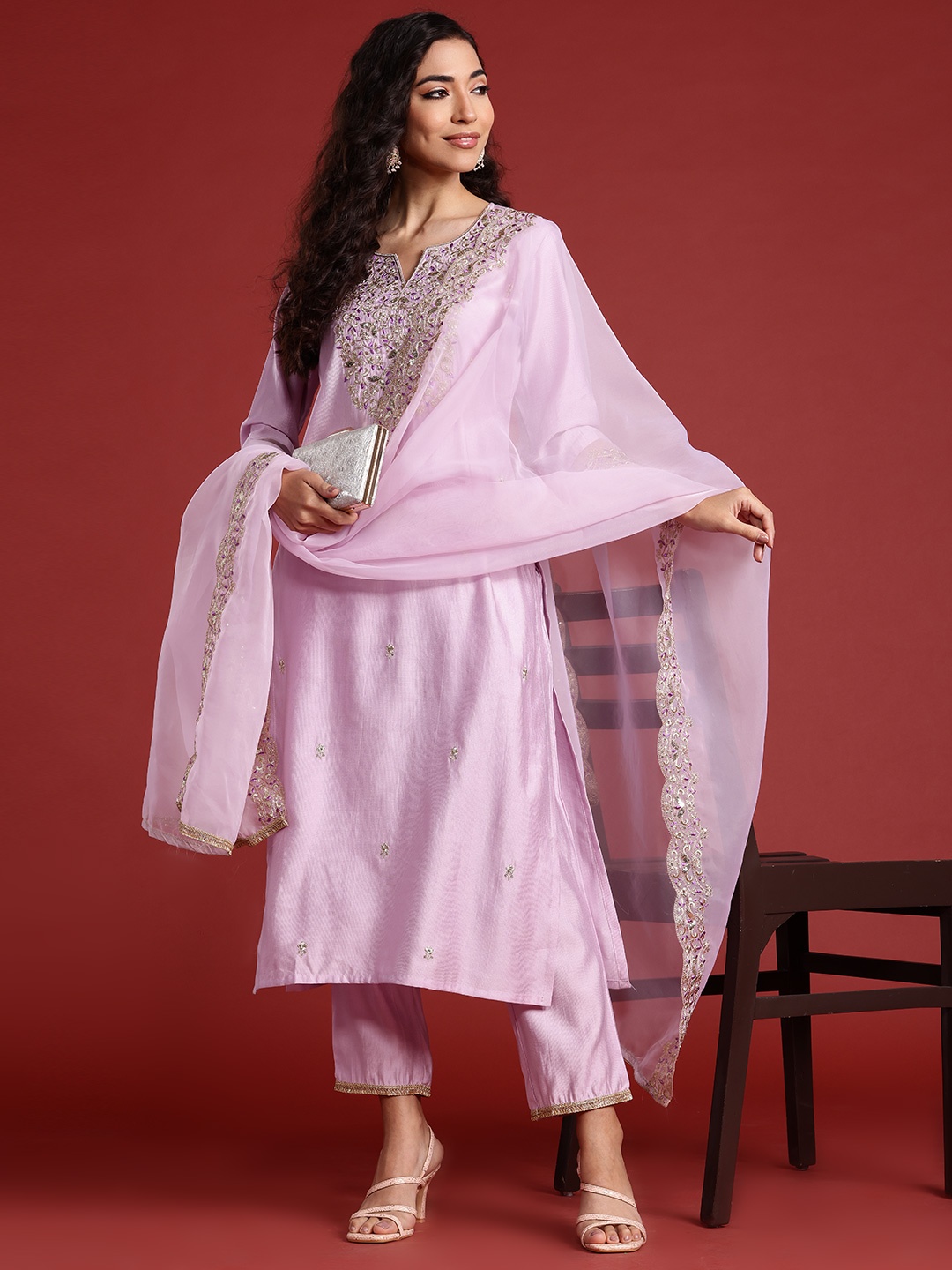 

Indo Era Floral Embroidered Liva Kurta With Trousers & Dupatta, Lavender