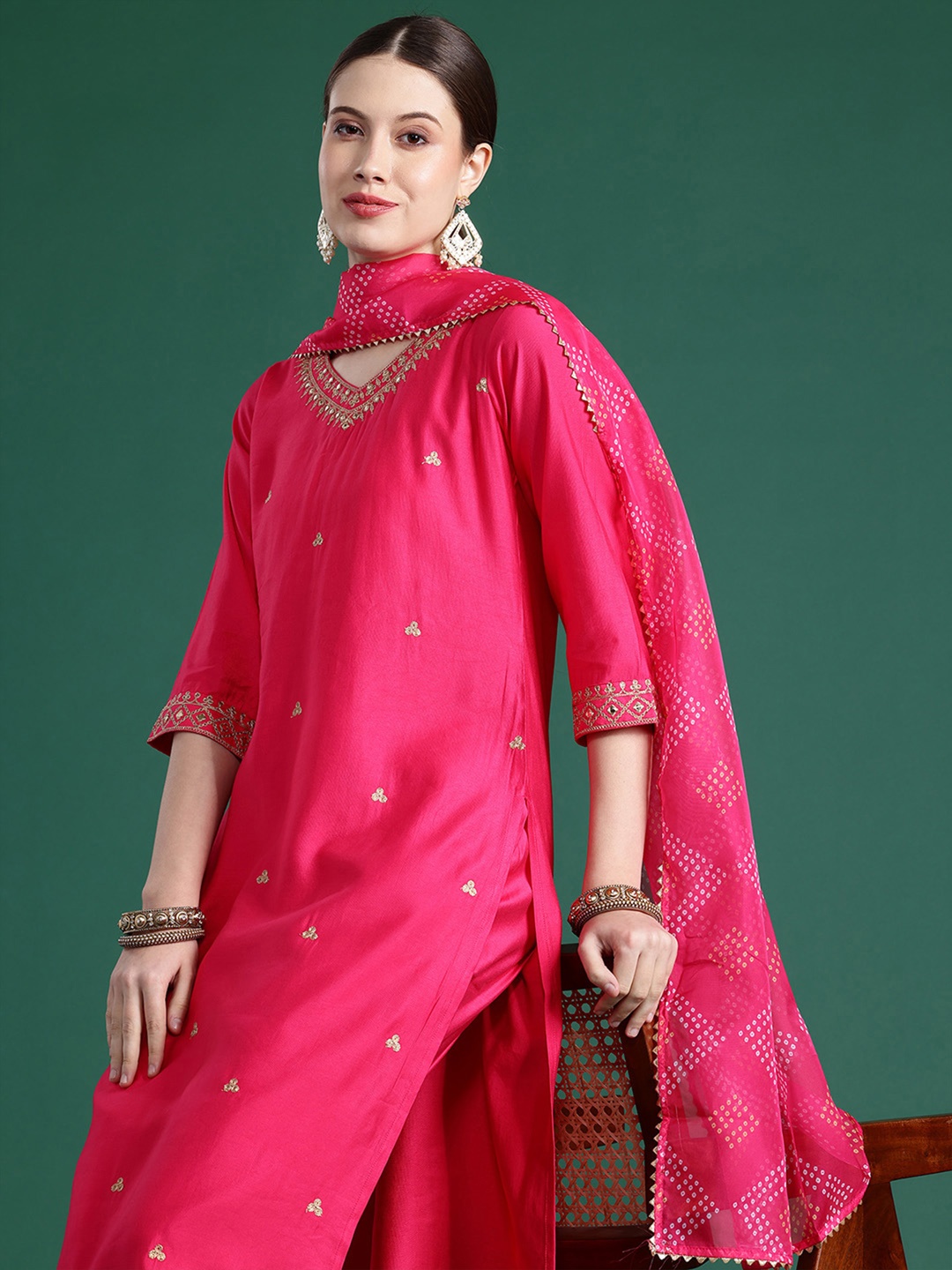 

Indo Era Embroidered Zari Liva Kurta With Trousers & Dupatta, Pink