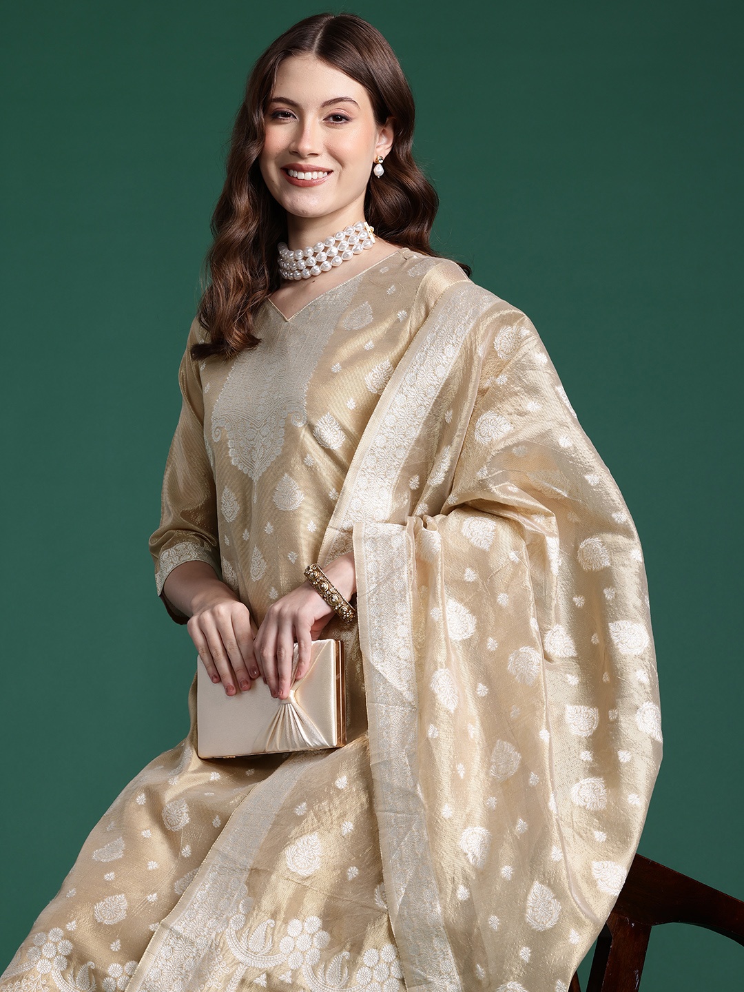 

Indo Era Woven Design Kurta With Trousers & Dupatta, Beige