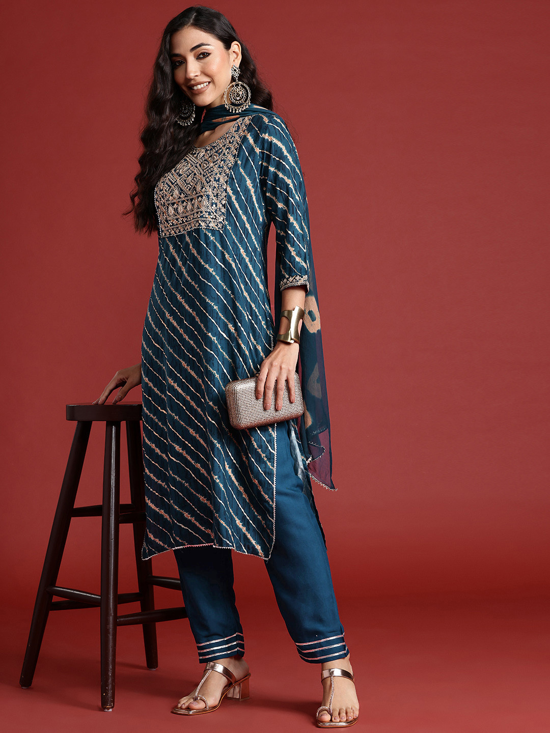

Indo Era Leheriya Printed Thread Work Kurta With Trousers & Dupatta, Navy blue