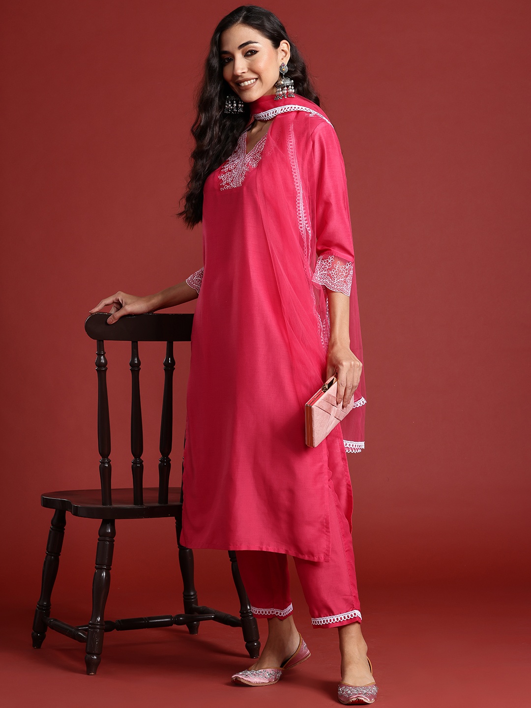 

Indo Era Floral Yoke Design Kantha Work Kurta With Trousers & Dupatta, Pink