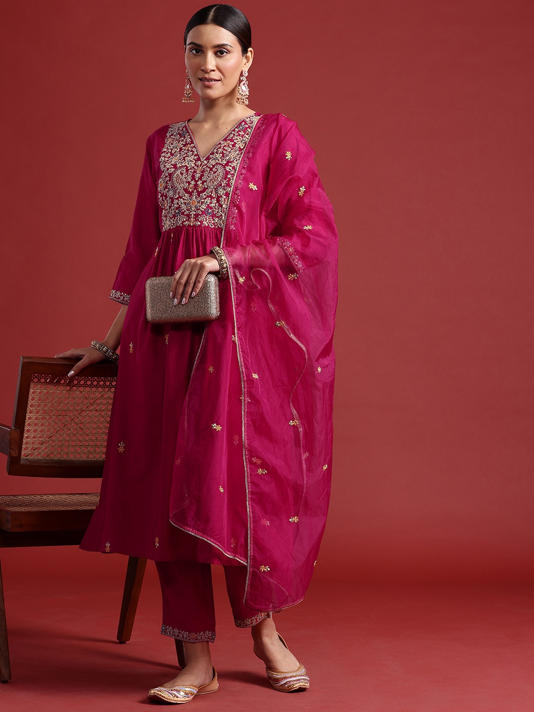 

Indo Era Ethnic Motifs Embroidered Pleated Sequinned Liva Kurta With Trousers & Dupatta, Magenta