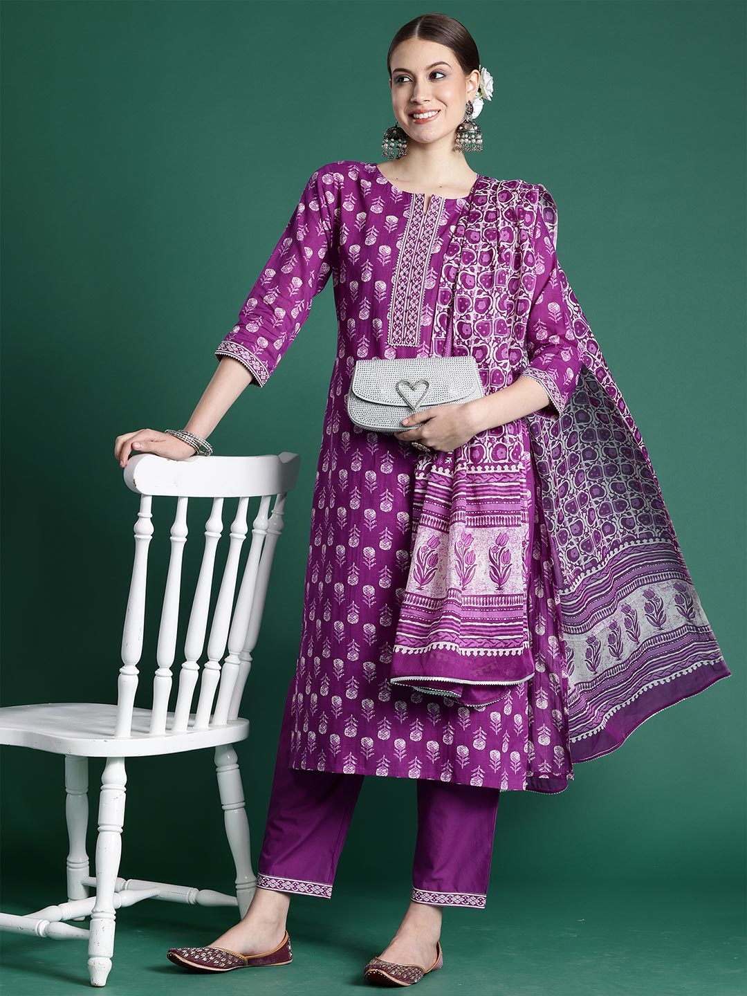 

Indo Era Floral Printed Mirror Work Pure Cotton Kurta With Trousers & Dupatta, Purple
