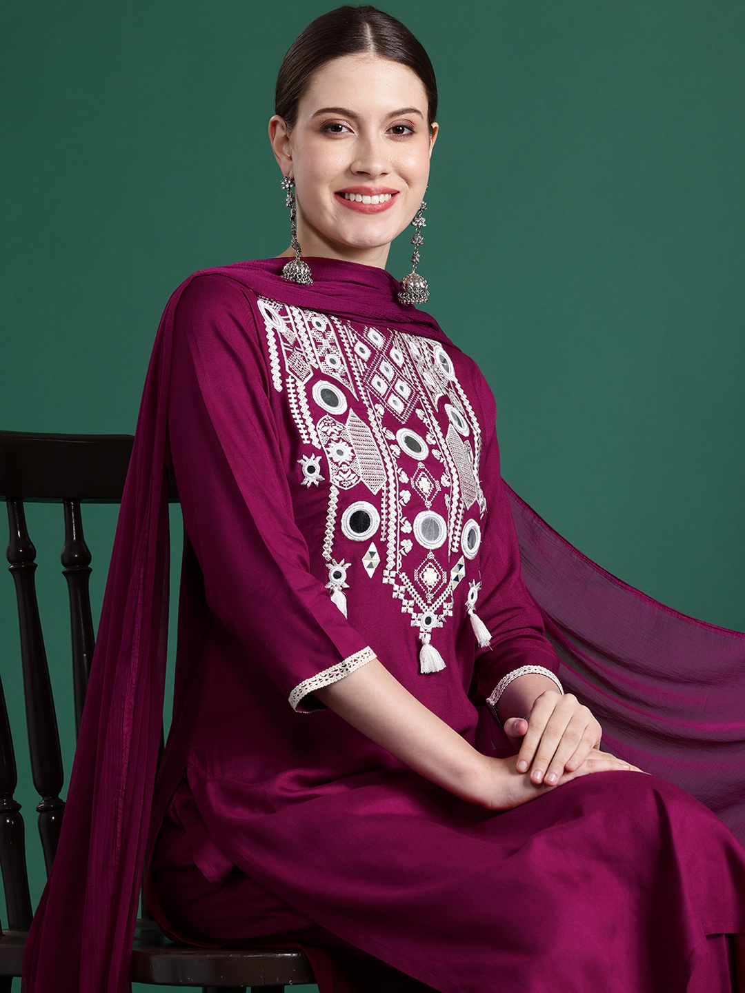 

Indo Era Embroidered Mirror Work Kurta With Trousers & Dupatta, Burgundy