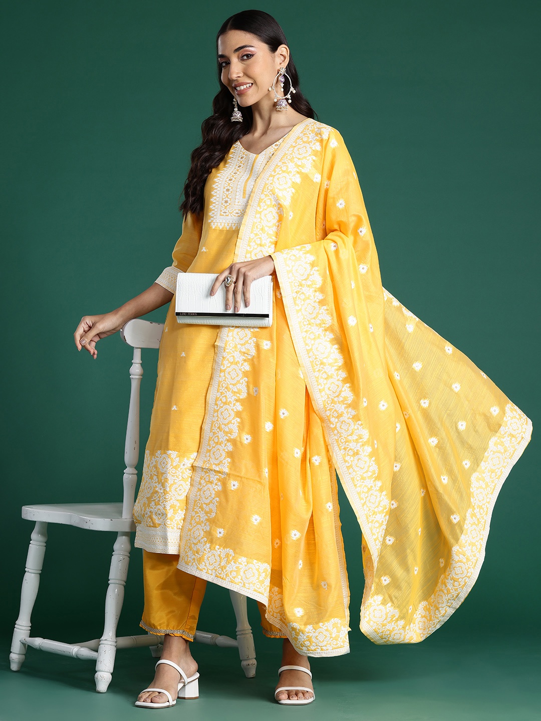 

Indo Era Woven Design Jacquard Chanderi Silk Kurta With Trousers & Dupatta, Yellow