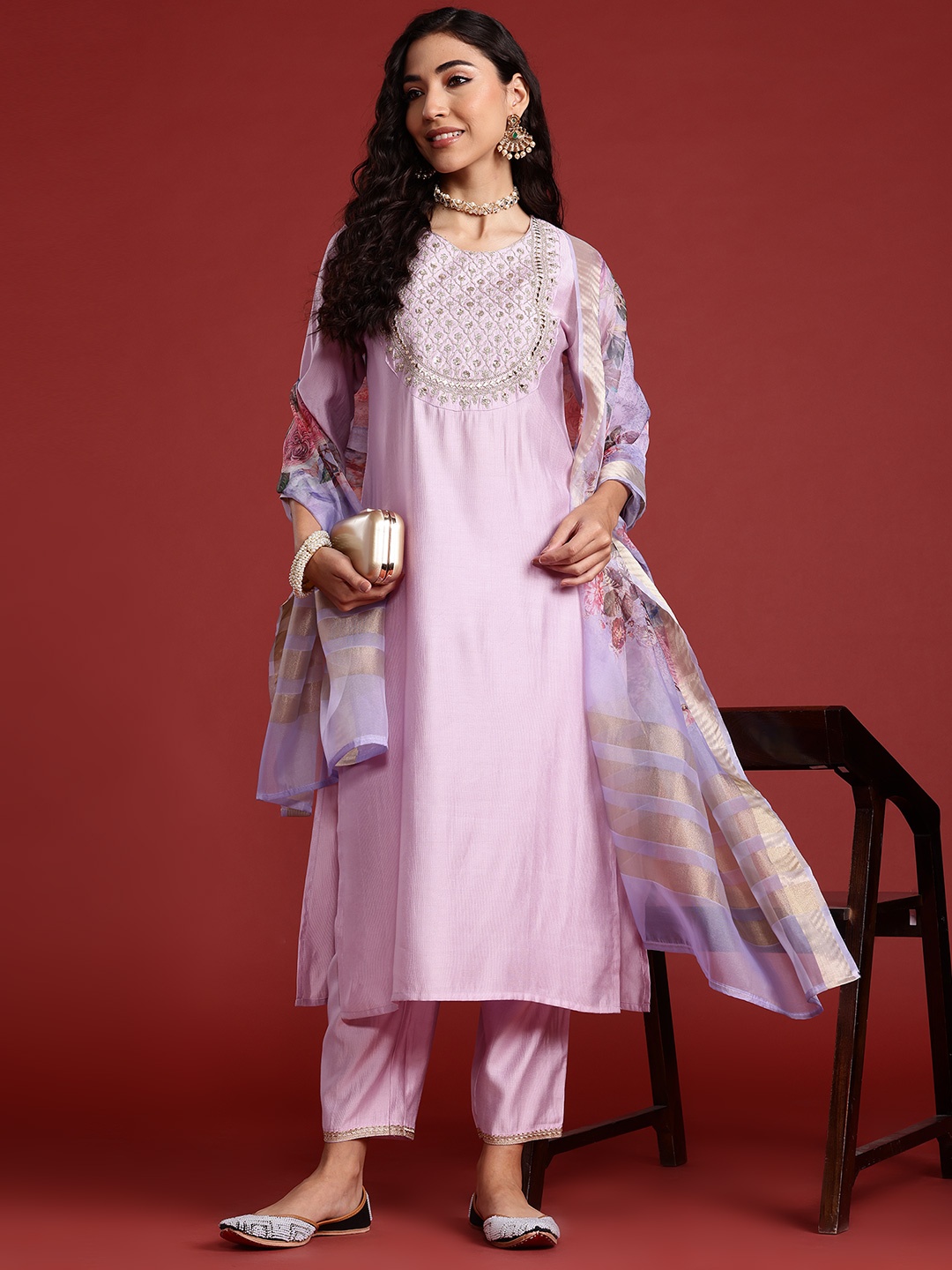 

Indo Era Floral Yoke Design Sequinned Liva Kurta With Trousers & Dupatta, Lavender