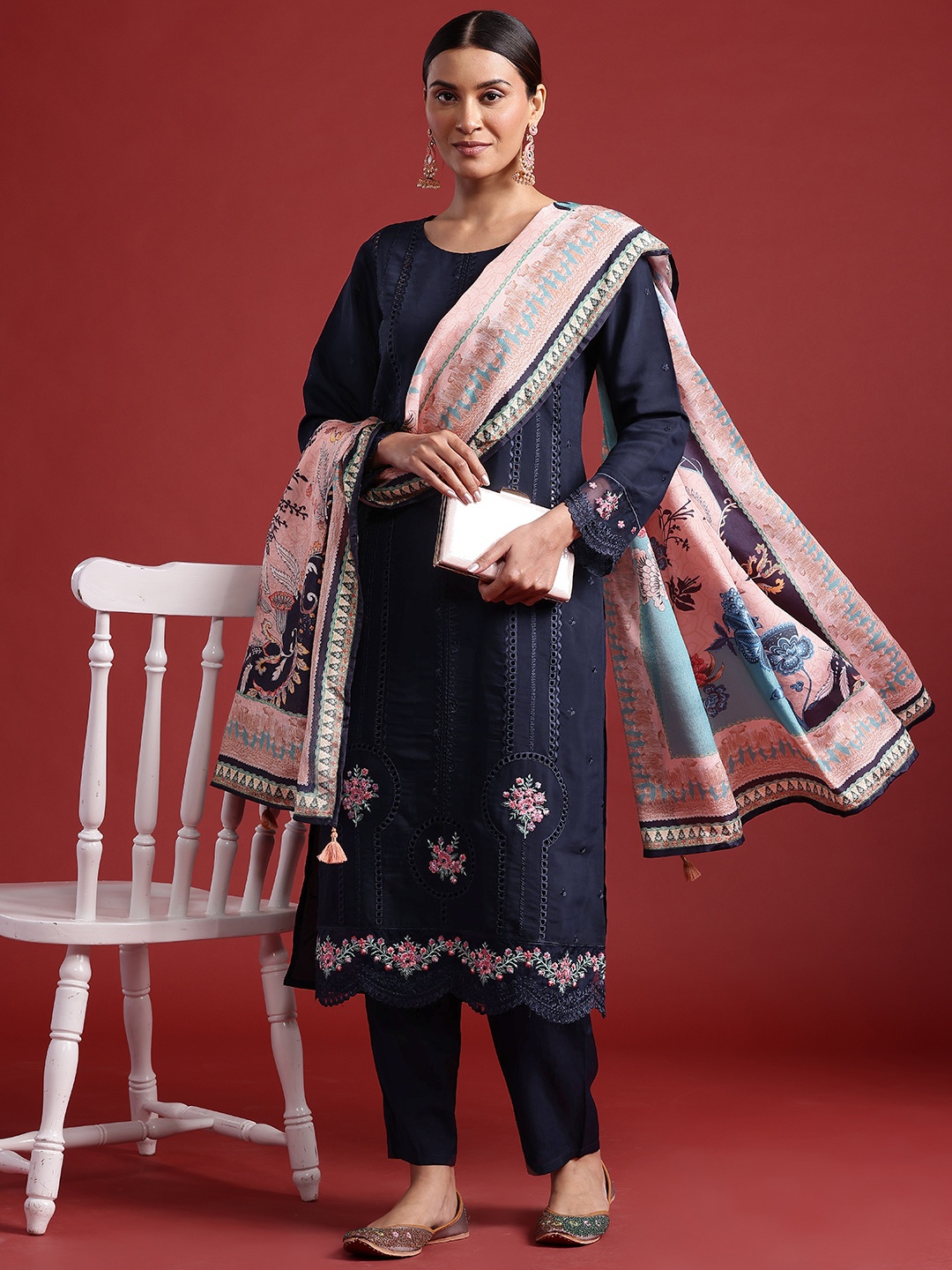 

Indo Era Floral Embroidered Thread Work Kurta With Trousers & Dupatta, Navy blue