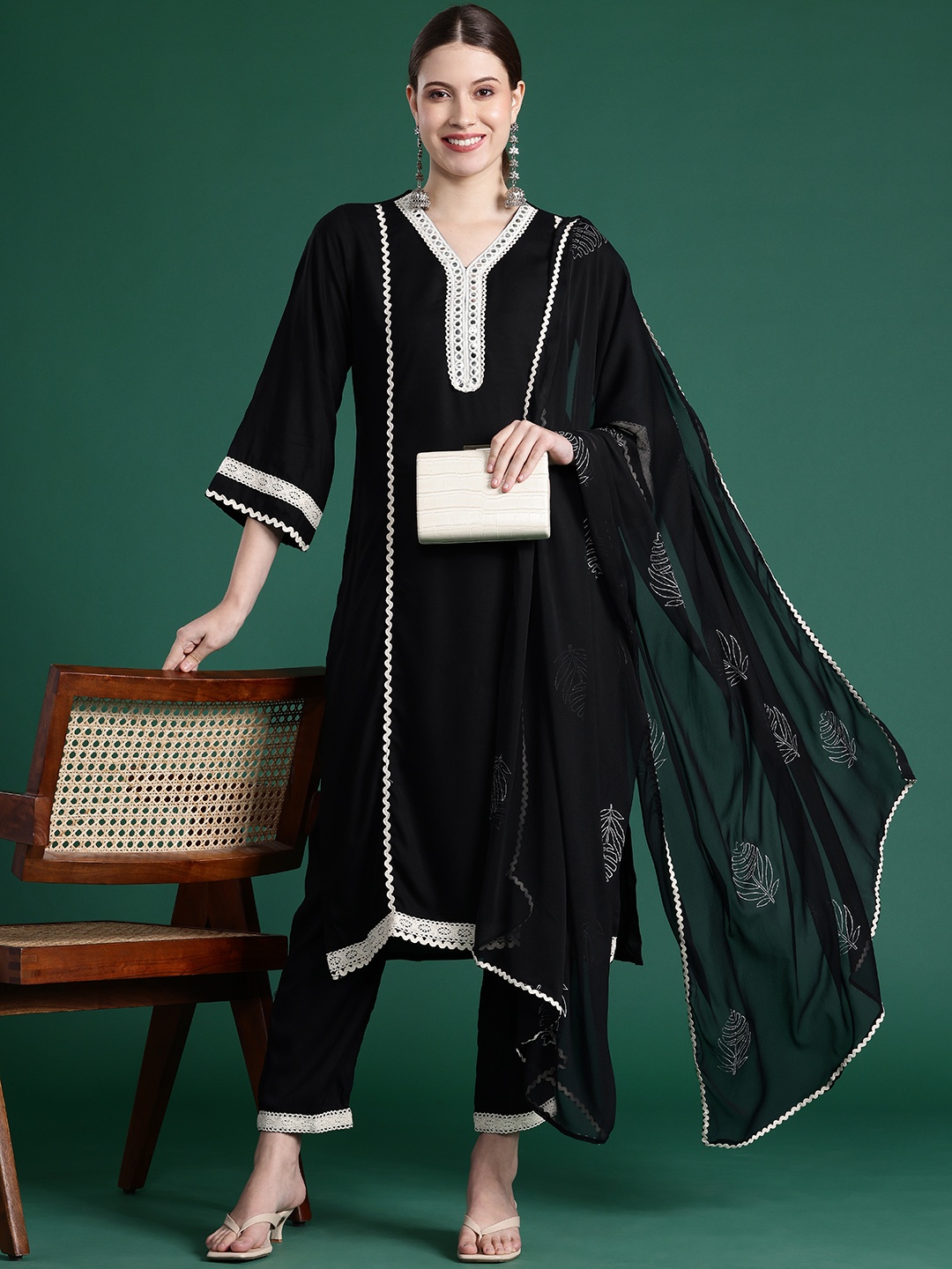 

Indo Era Embroidered Panelled Mirror Work Kurta With Trousers & Dupatta, Black