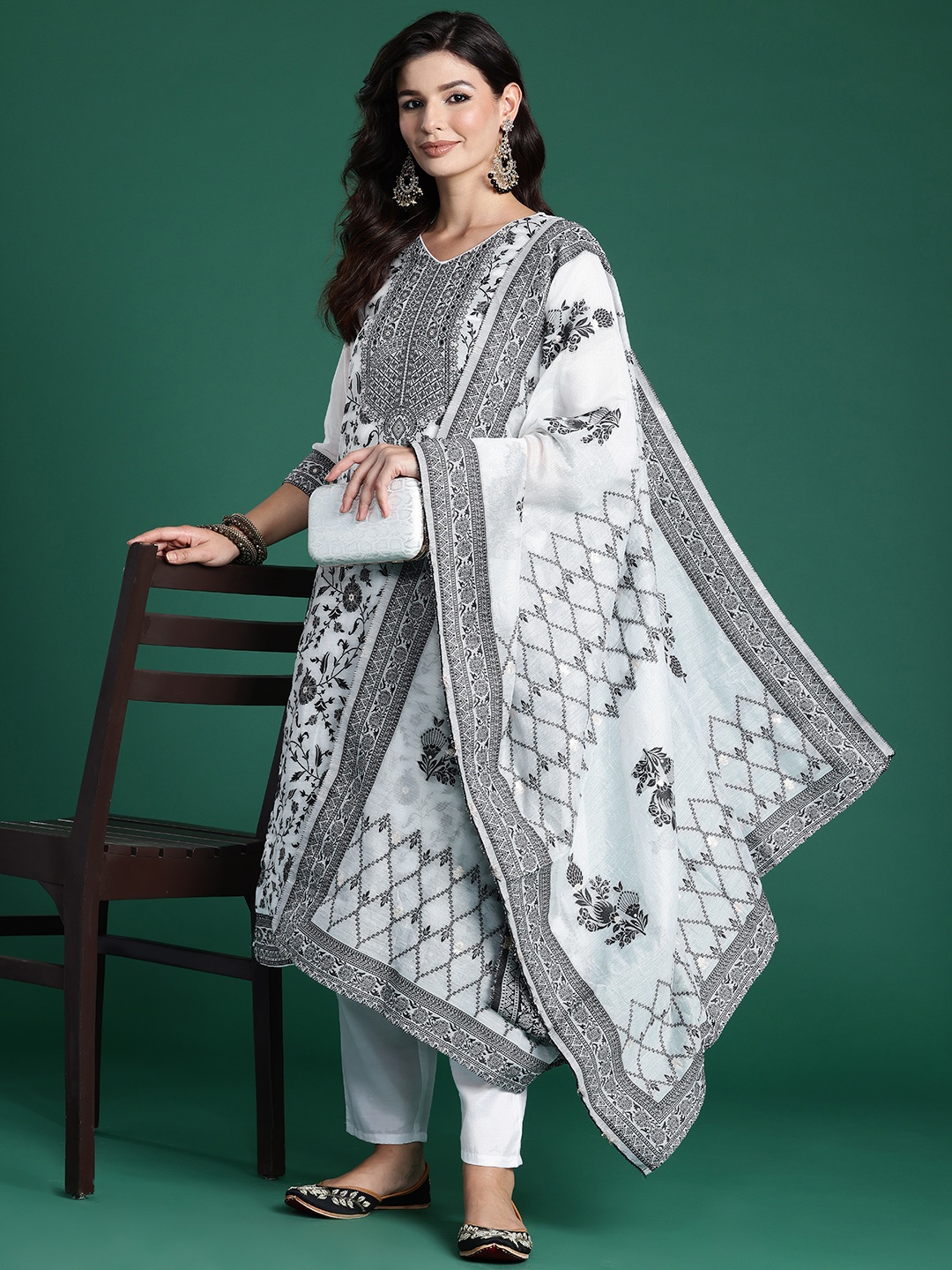 

Indo Era Floral Woven Design Kurta With Trousers & Dupatta, White