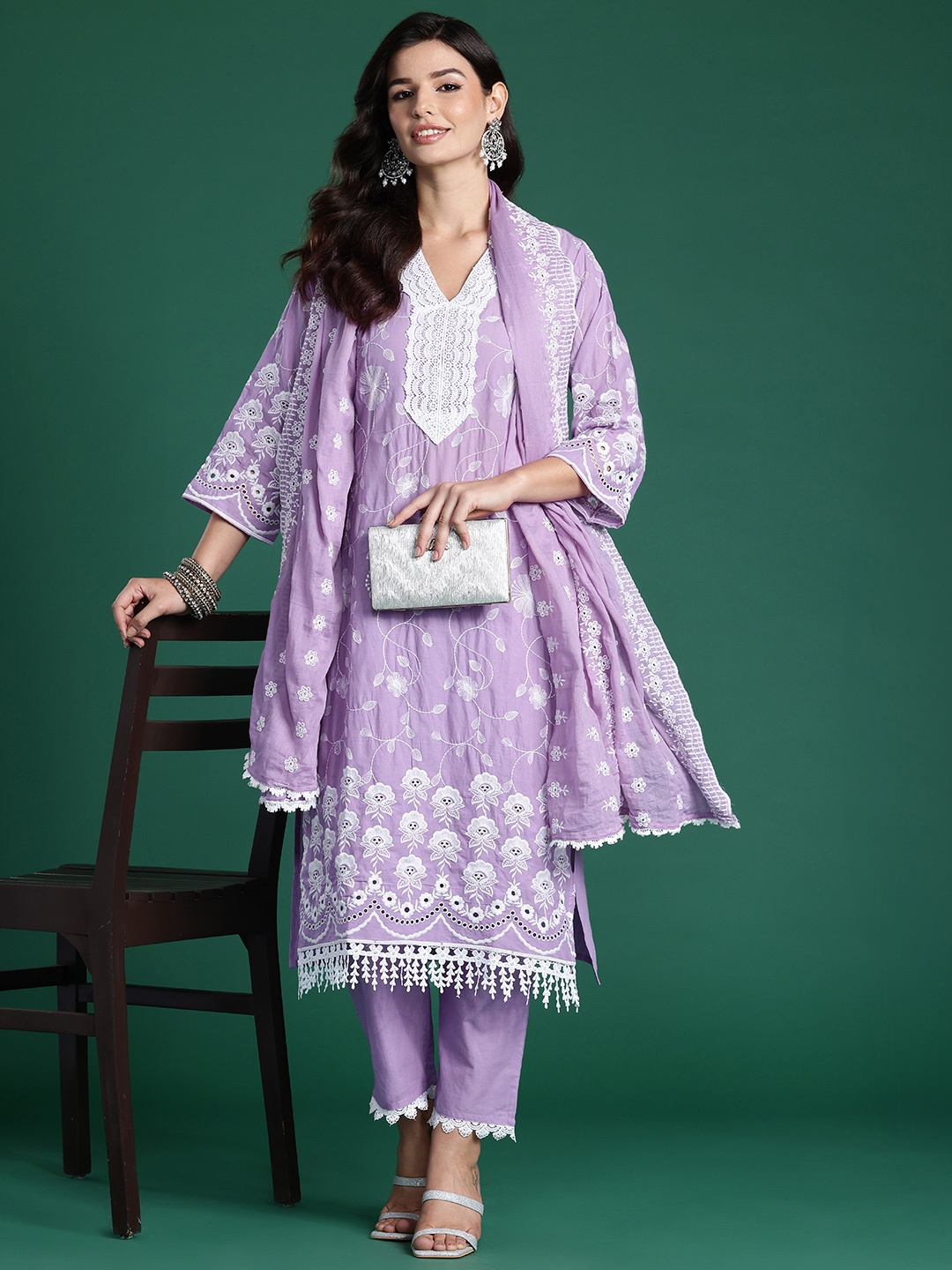 

Indo Era Floral Embroidered Thread Work Pure Cotton Kurta With Trousers & Dupatta, Lavender