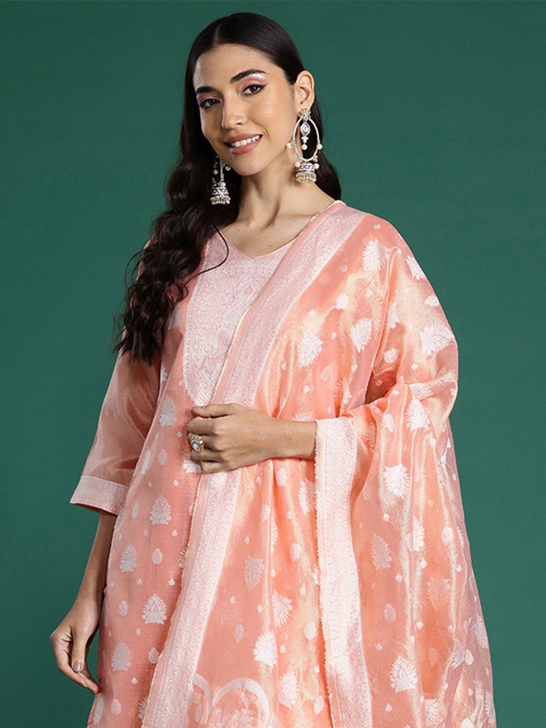 

Indo Era Woven Design Kurta With Trousers & Dupatta, Peach