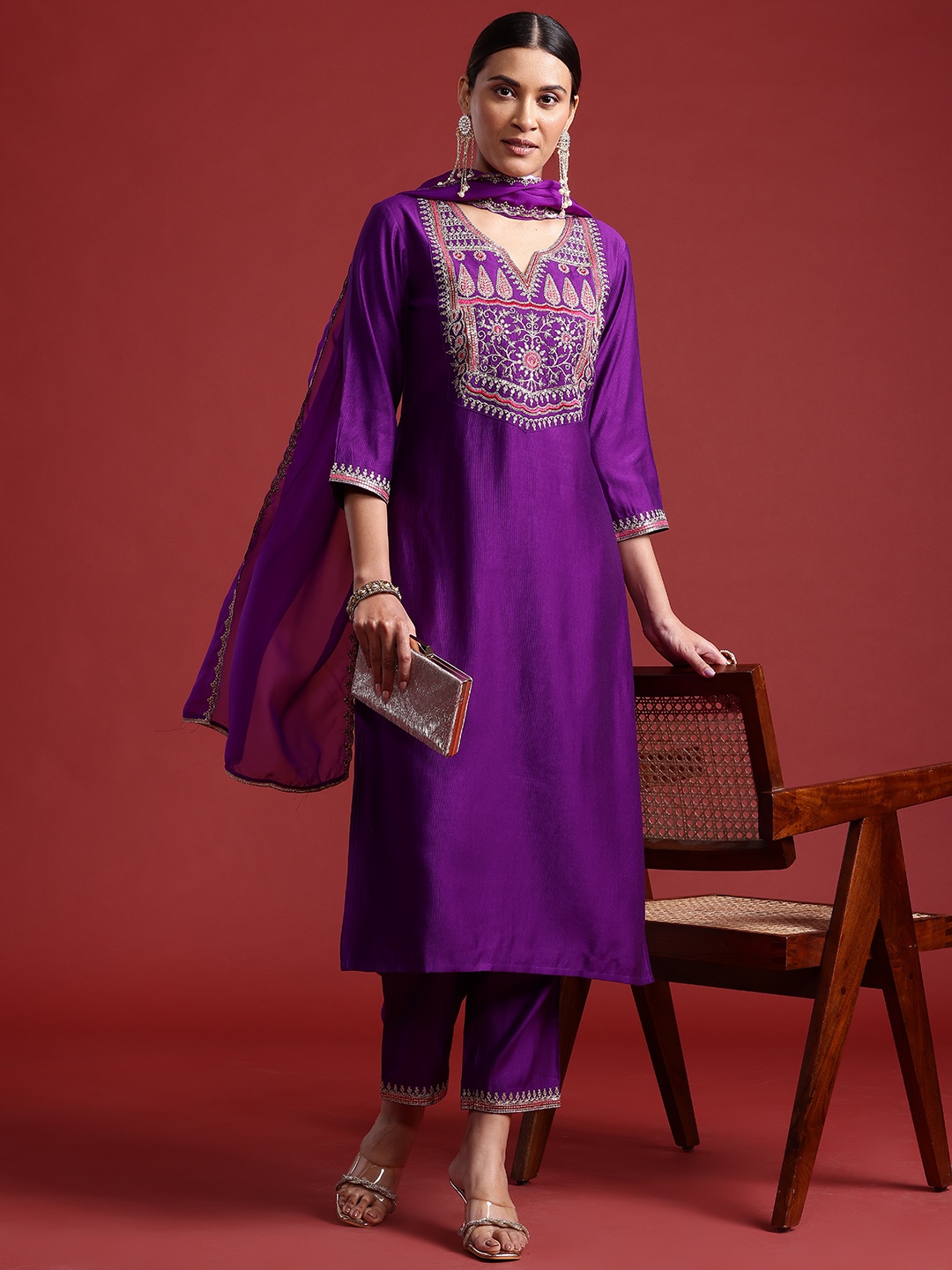 

Indo Era Ethnic Motifs Yoke Design Liva Kurta With Trousers & Dupatta, Purple