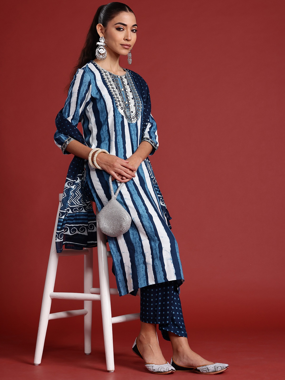 

Indo Era Striped Sequinned Kurta With Trousers & Dupatta, Navy blue
