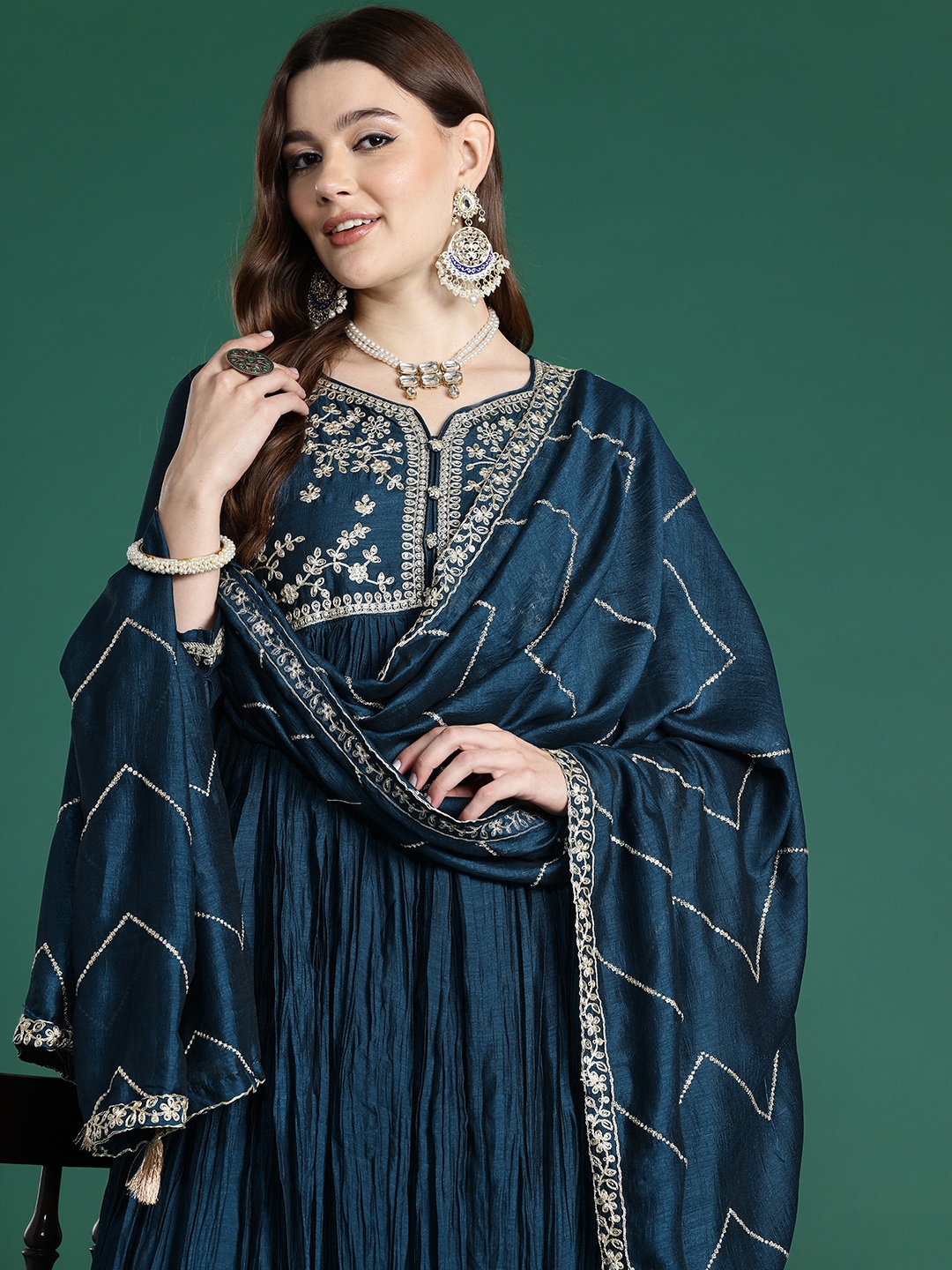 

Indo Era Floral Embroidered Pleated Kurta with Trousers & With Dupatta, Teal