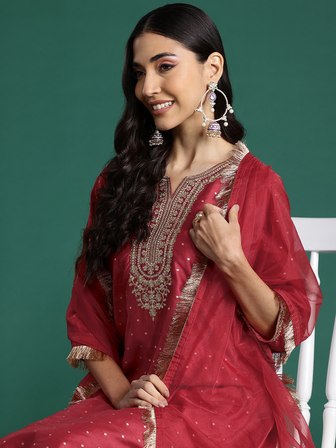 

Indo Era Embroidered Chanderi Silk Kurta With Trousers & Dupatta, Red
