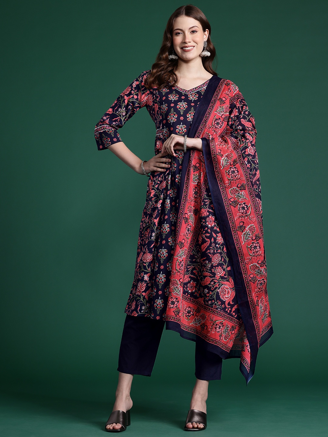 

Indo Era Floral Printed Panelled Gotta Patti Pure Cotton Kurta With Trousers & Dupatta, Navy blue