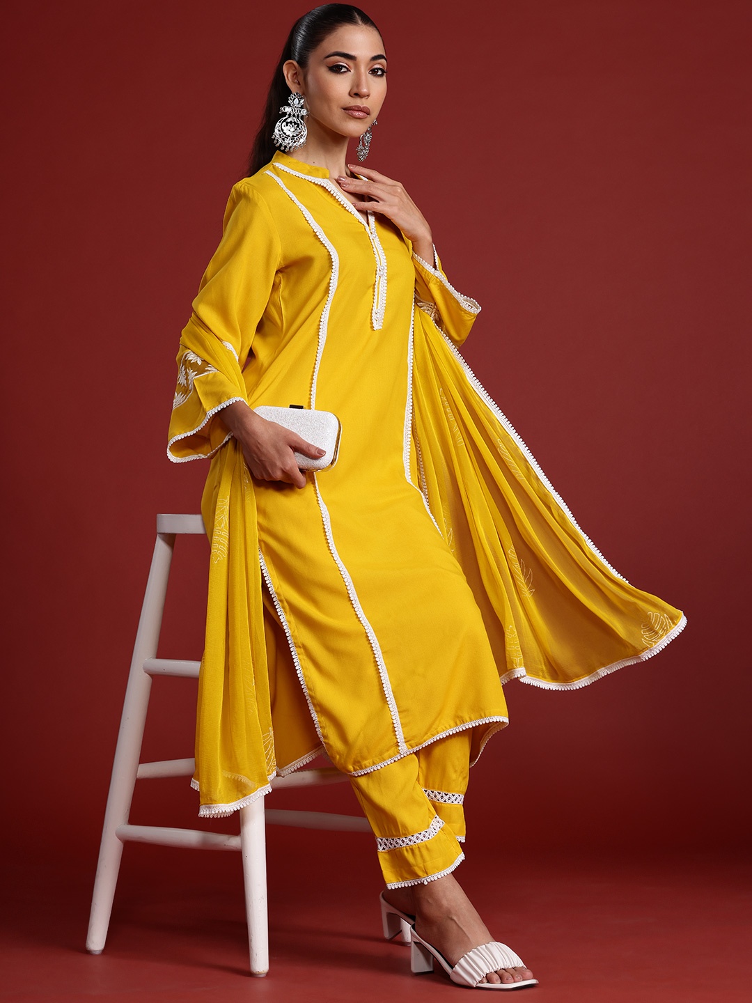 

Indo Era Thread Work Kurta With Trousers & Dupatta, Yellow