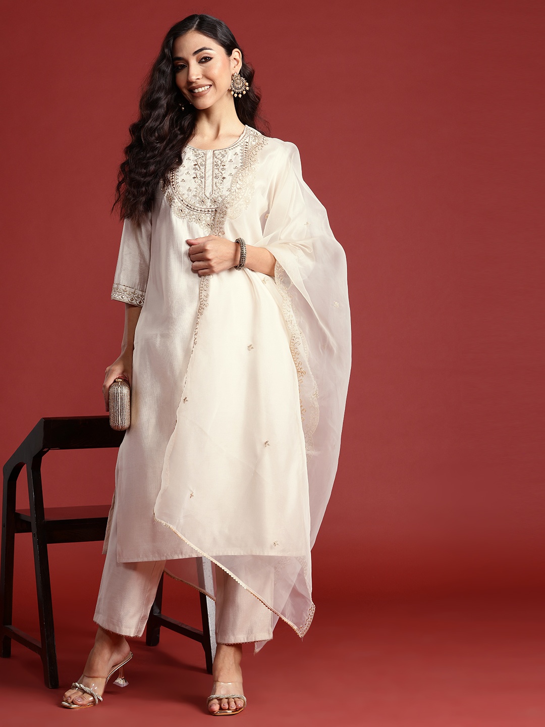 

Indo Era Women Ethnic Motifs Embroidered Regular Liva Kurta with Trousers & With Dupatta, Off white