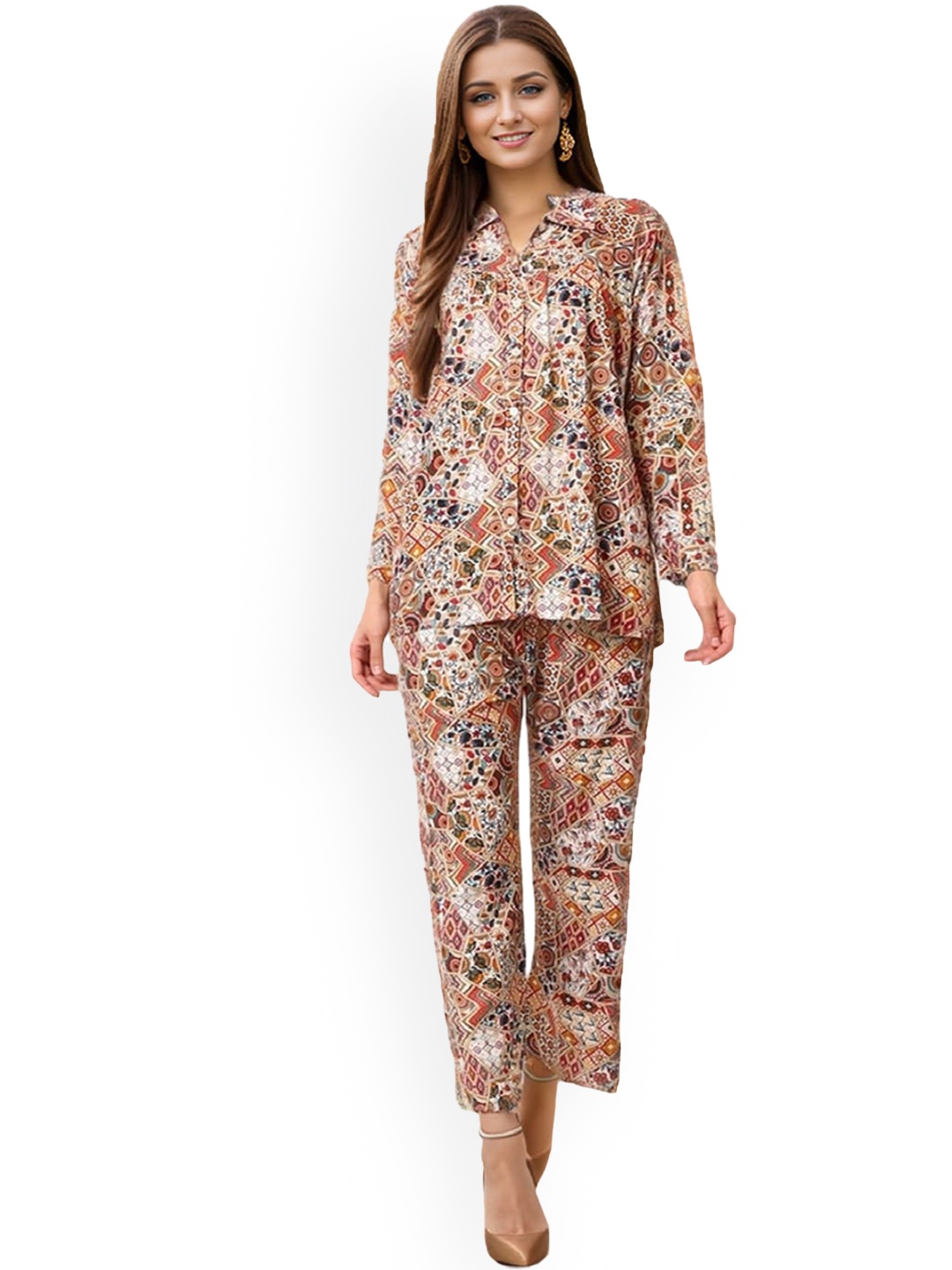 

Ziva Fashion Printed Shirt-Collar Shirt & Trouser Co-Ords, Brown