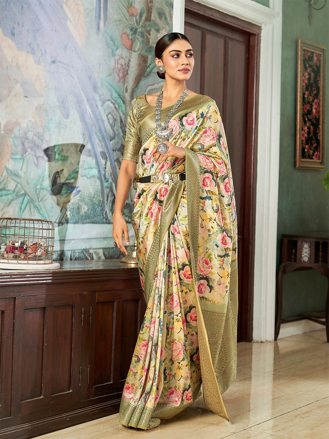 elora Floral Zari Satin Saree, Yellow