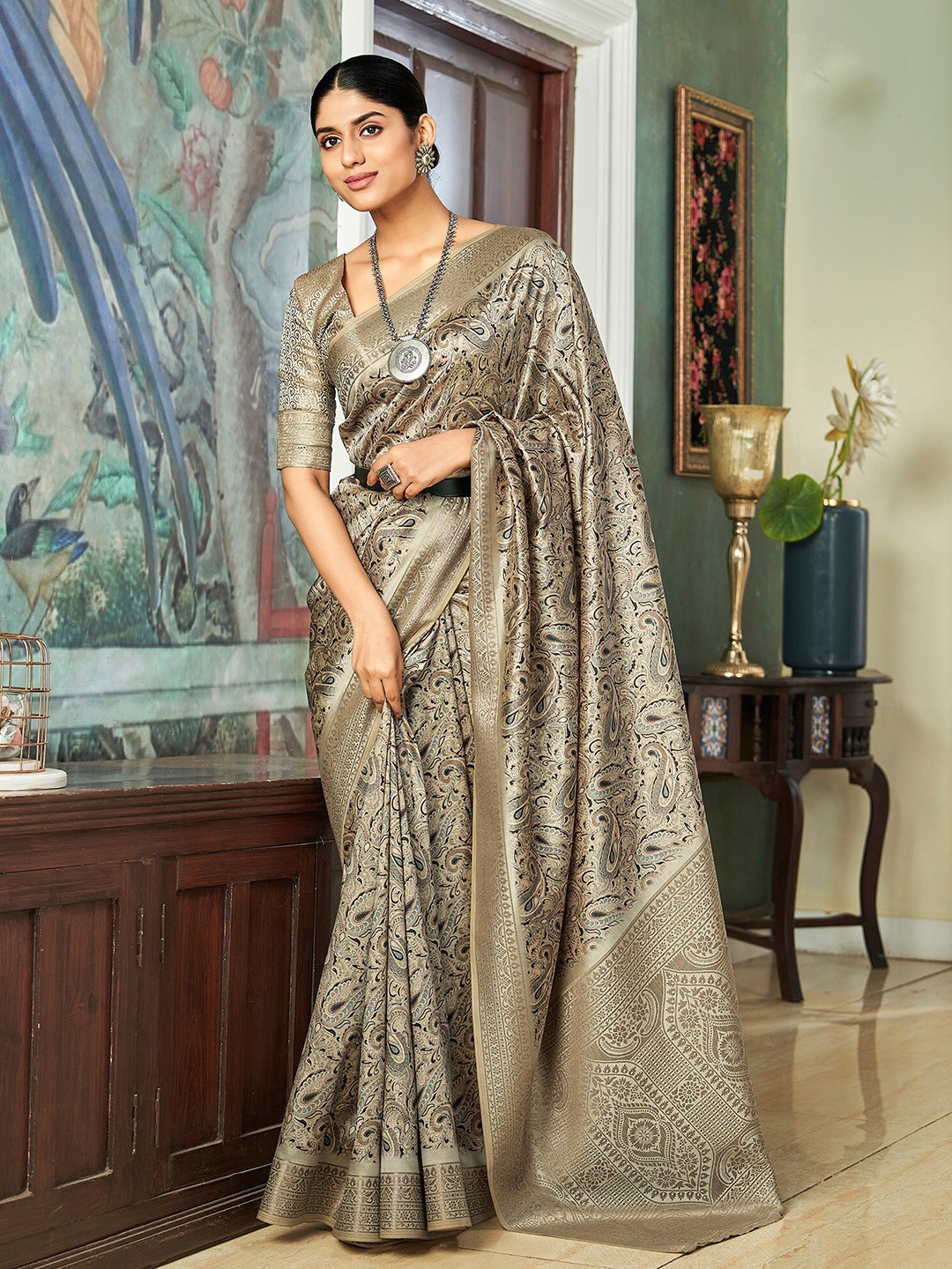 elora Paisley Zari Satin Saree, Grey