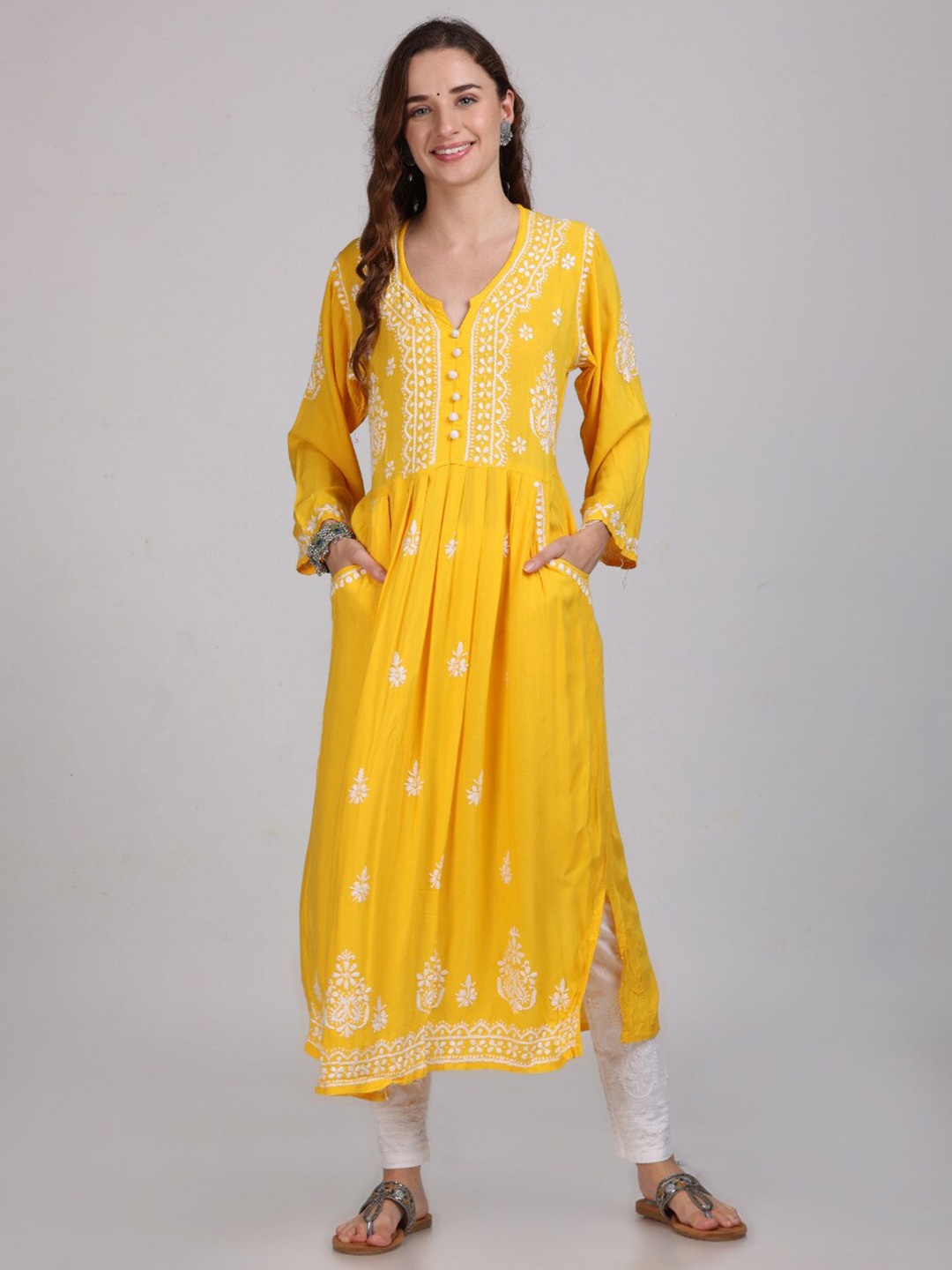 

KHAKA Ethnic Motifs Embroidered Notch Neck A-Line Kurta, Yellow