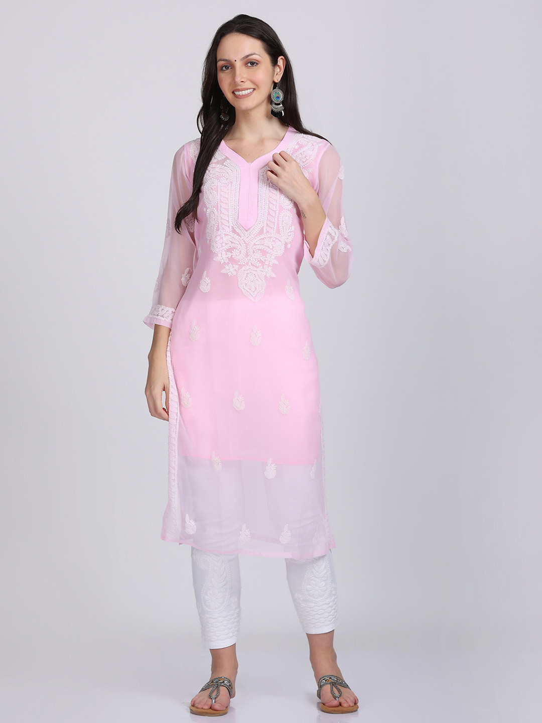 

KHAKA V-Neck Ethnic Motifs Embroidered Chikankari Straight Kurta, Pink