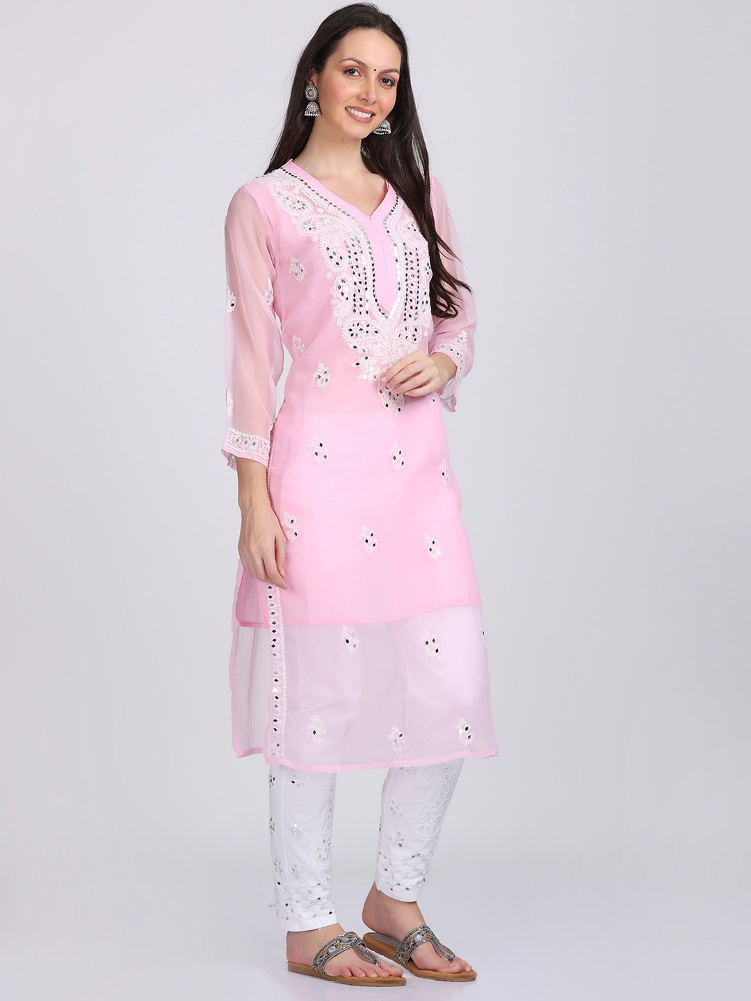 

KHAKA Embroidered Mirror Work Pure Chiffon Straight Chikankari Kurta, Pink