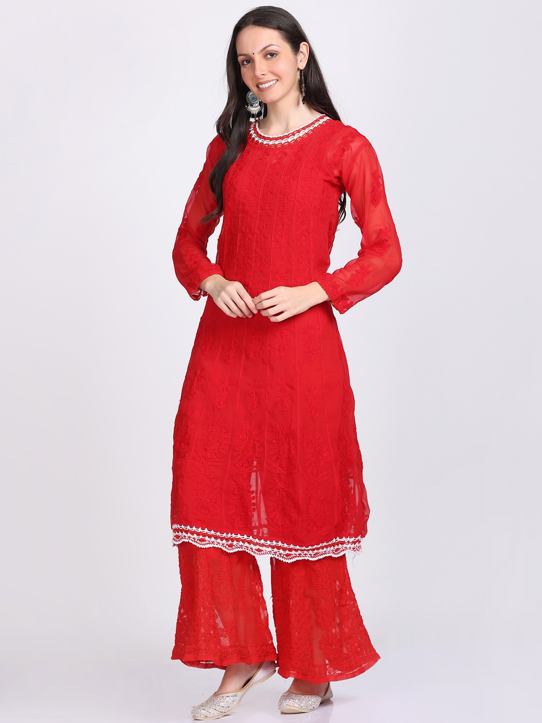 

KHAKA Floral Embroidered Round Neck Chikankari Kurta with Palazzos, Red