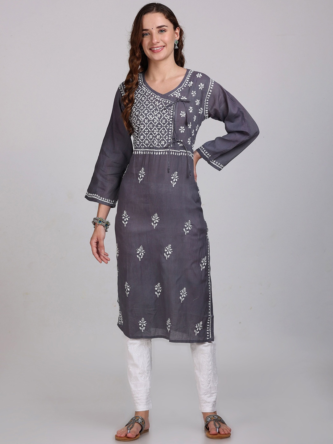 

KHAKA V Neck Embroidered Pure Cotton Straight Kurta, Grey