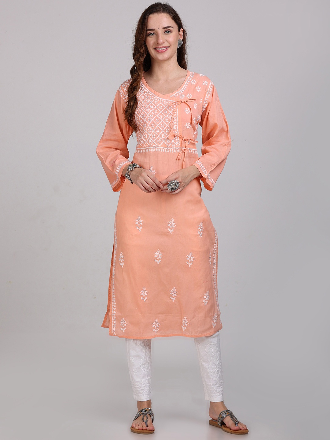 

KHAKA Round Neck Long Flared Sleeves Embroidered Straight Kurta, Orange