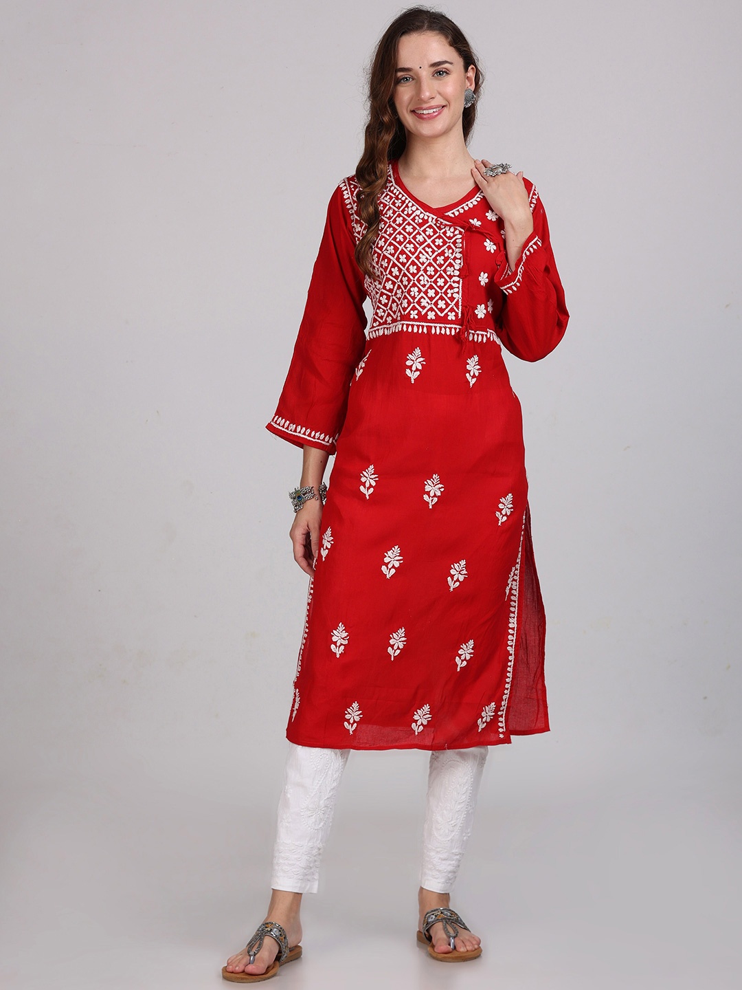 

KHAKA V Neck Flared Sleeves Embroidered Pure Cotton Straight Kurta, Red
