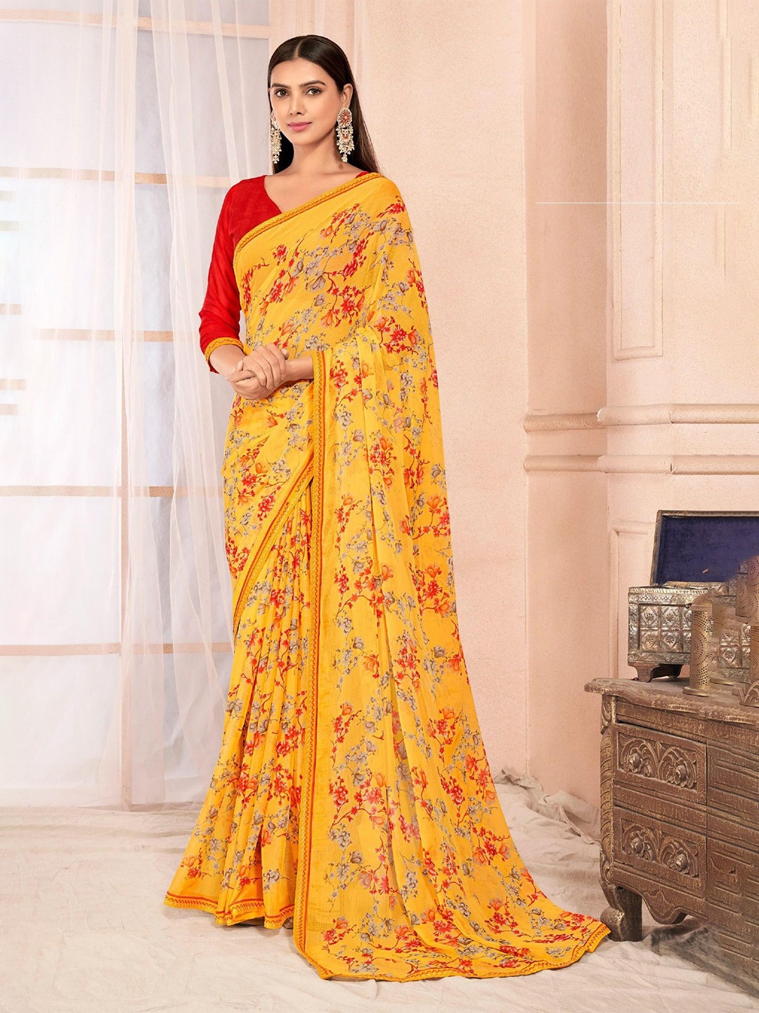 

Reboot Fashions Floral Patchwork Pure Chiffon Saree, Yellow