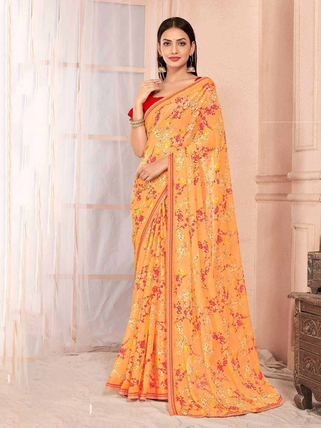 

Reboot Fashions Floral Pure Chiffon Saree, Orange