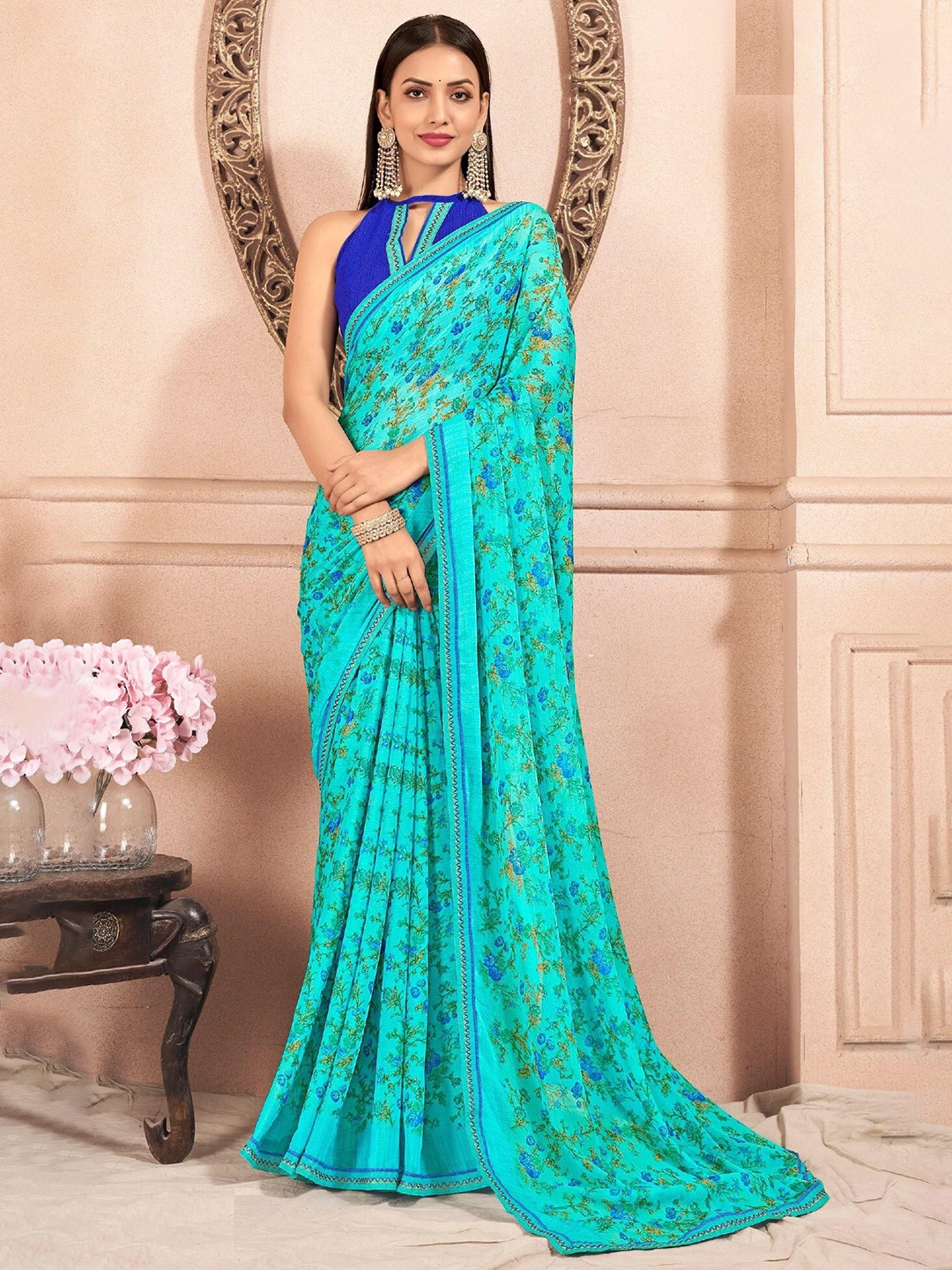 

Reboot Fashions Floral Pure Chiffon Saree, Blue