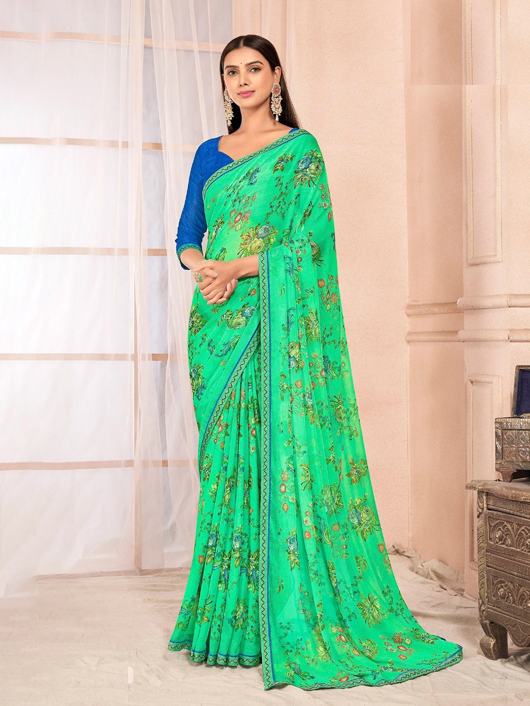 

Reboot Fashions Floral Pure Chiffon Saree, Green