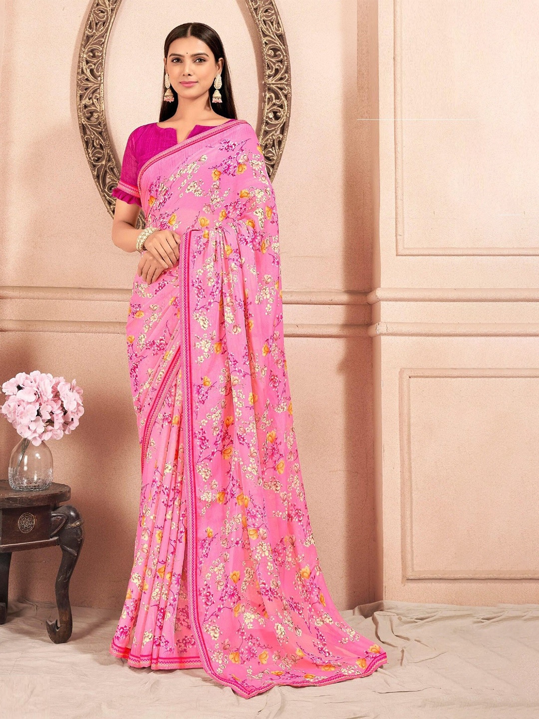 

Reboot Fashions Floral Pure Chiffon Saree, Pink