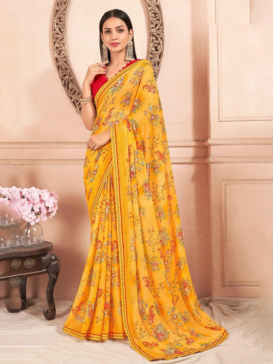 

Reboot Fashions Floral Pure Chiffon Saree, Mustard