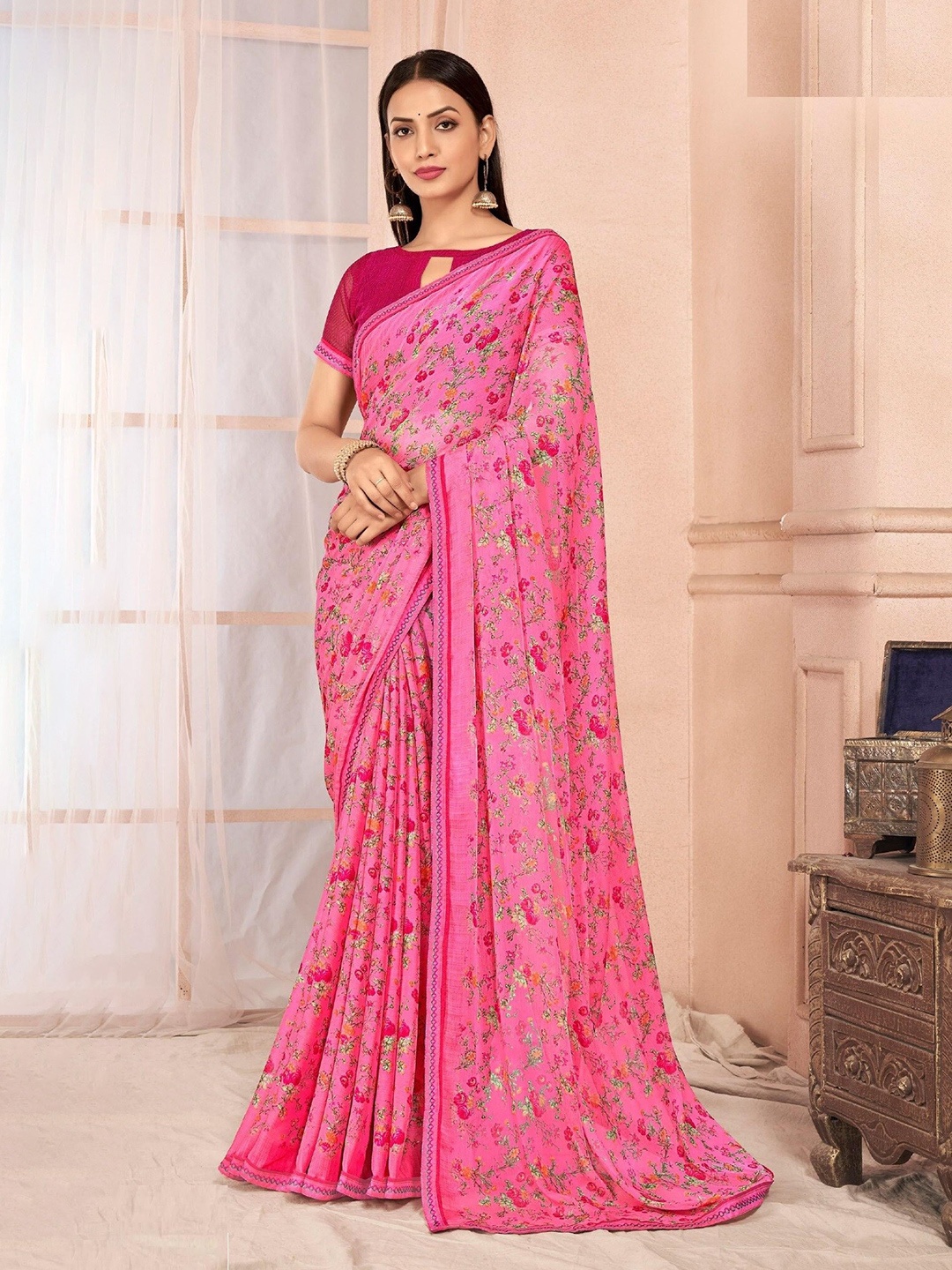 

Reboot Fashions Floral Pure Chiffon Saree, Pink