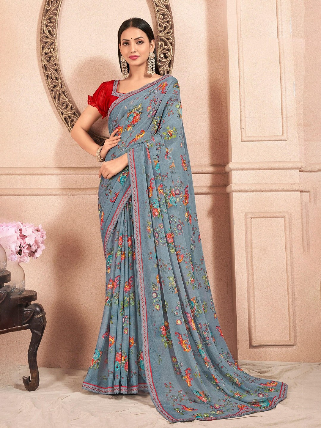 

Reboot Fashions Floral Pure Chiffon Saree, Grey
